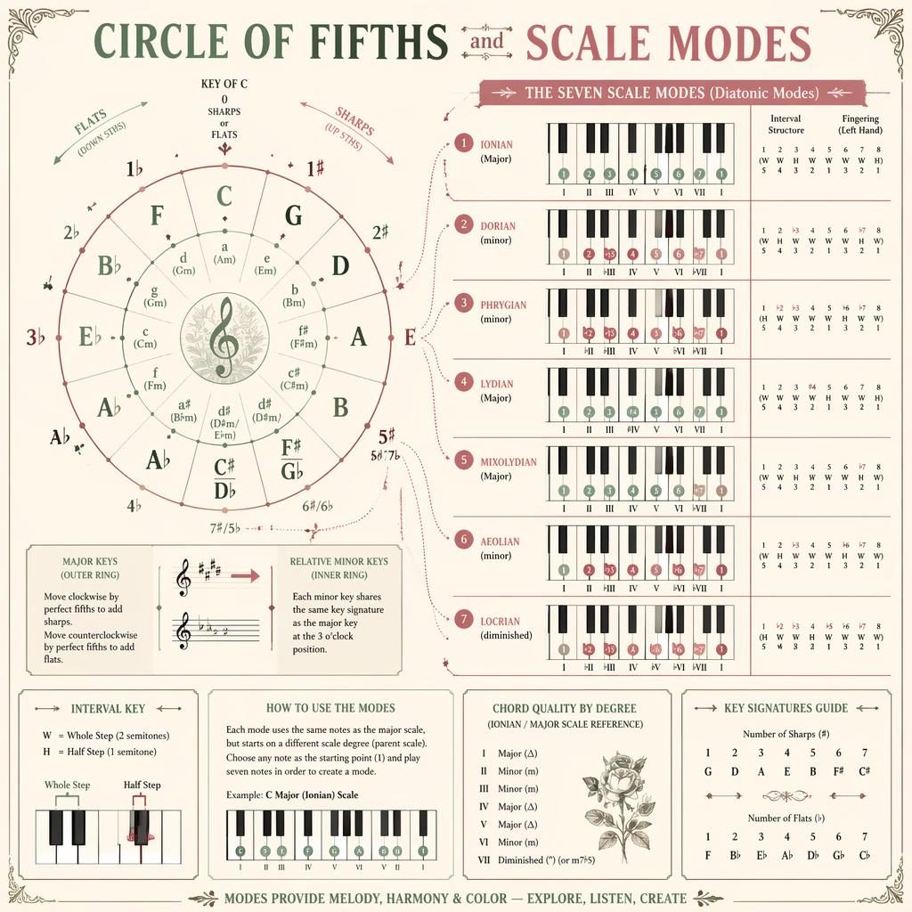 Vintage-style music theory infographic with piano keyboard, scale modes, interval markers, and circle of fifths layout.