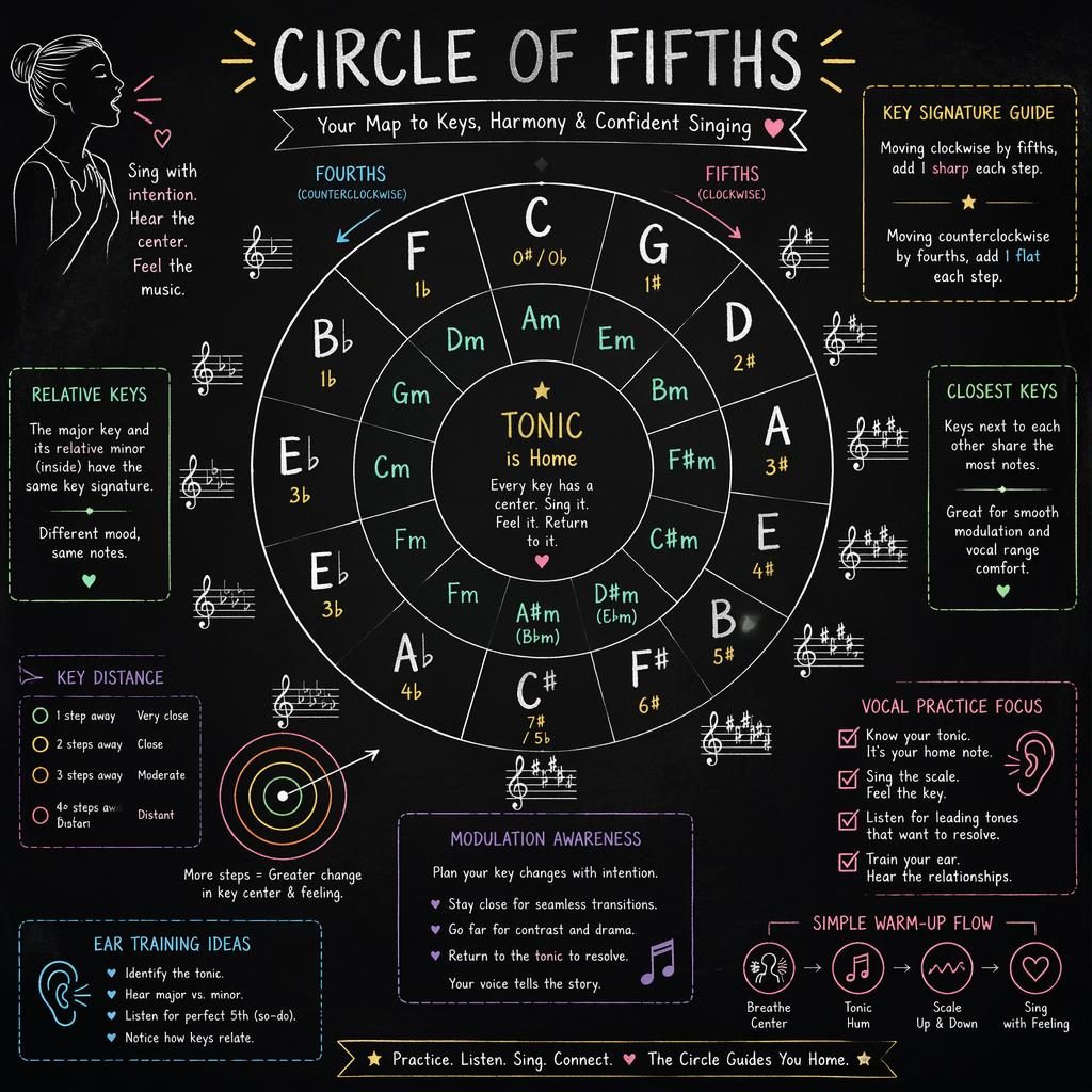 Infographie musicale en style sketchnote montrant un cycle des quintes précis sur fond noir, avec tonalités majeures et mineures relatives.