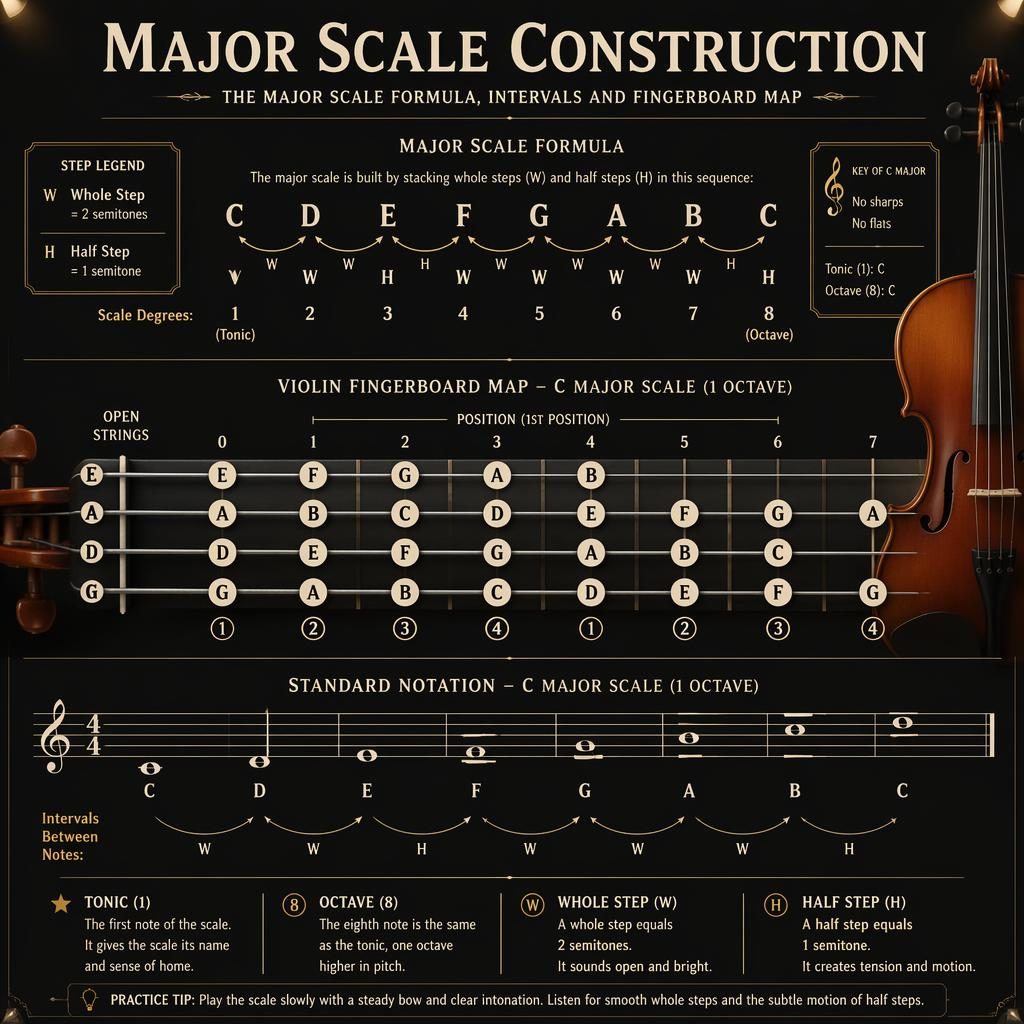 Dark music theory infographic showing major scale construction, violin fingerboard positions, intervals, and staff notation.