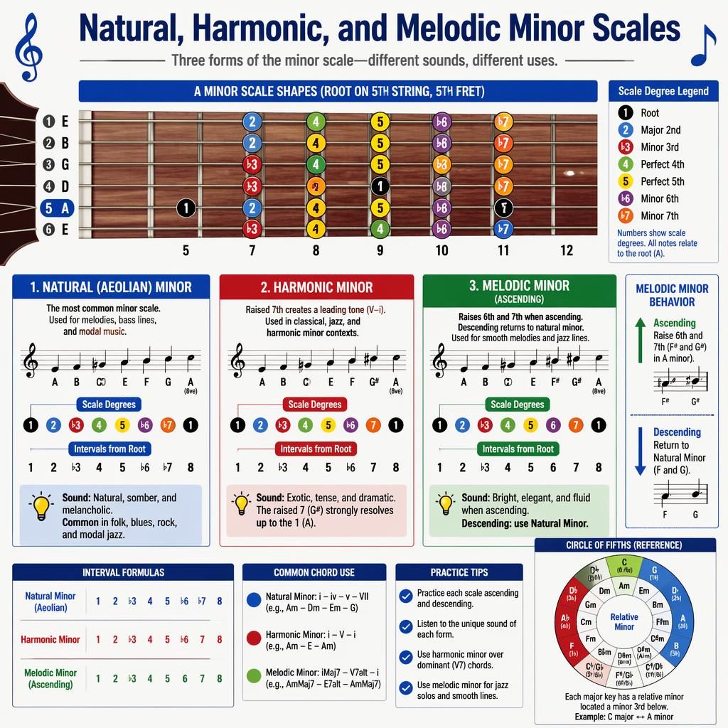 Music theory infographic with guitar fretboard diagrams comparing natural, harmonic, and melodic minor scales.