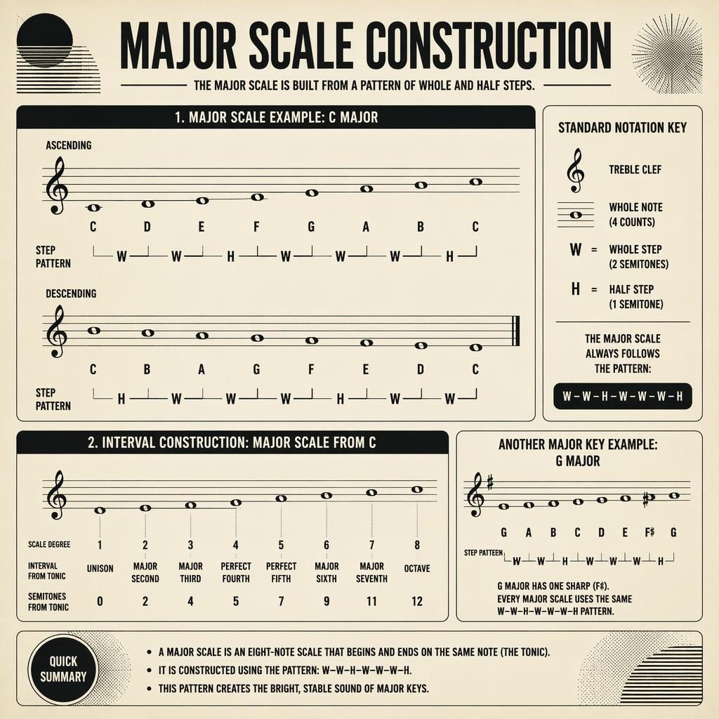 Retro music theory infographic showing major scale notation, interval pattern W-W-H-W-W-W-H, and a rule of 5ths key example.