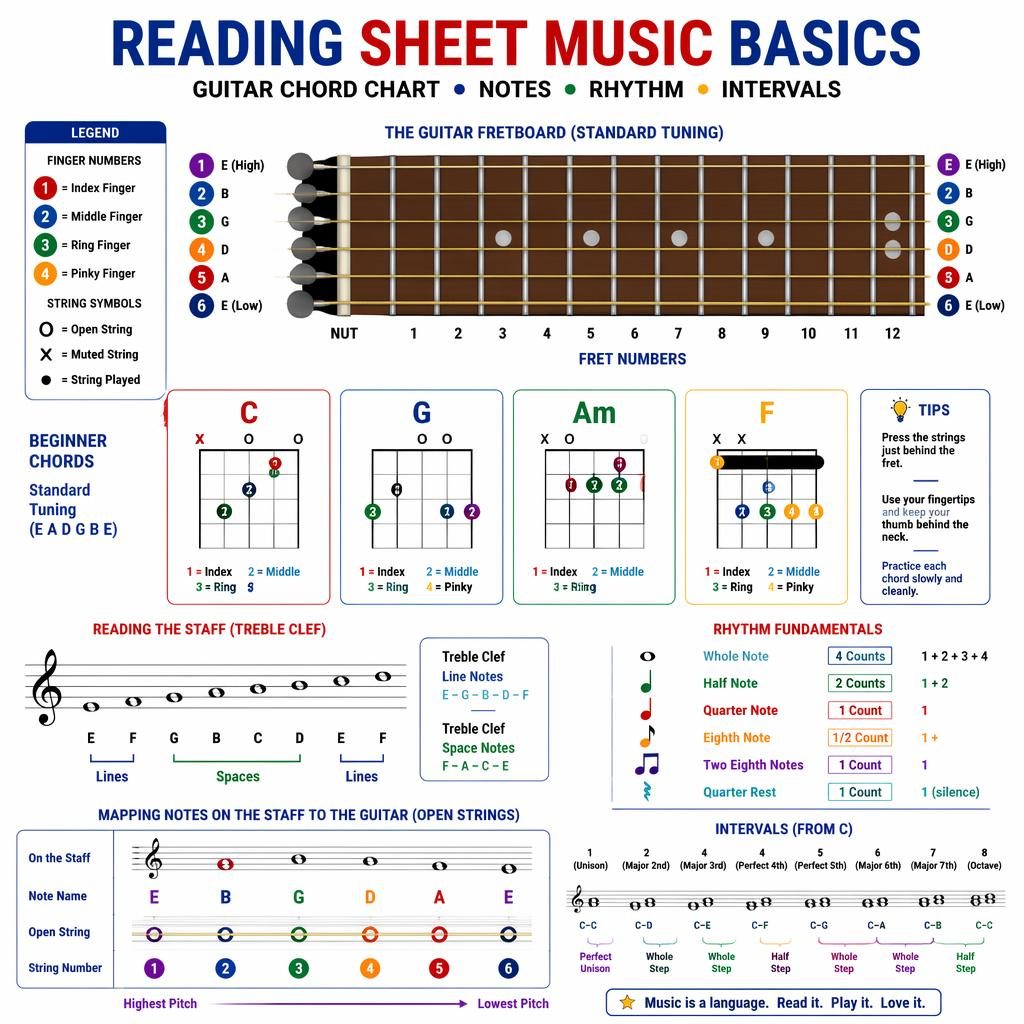 Educational guitar chord chart infographic with fretboard, C G Am F chords, treble staff, note mapping, rhythm symbols.