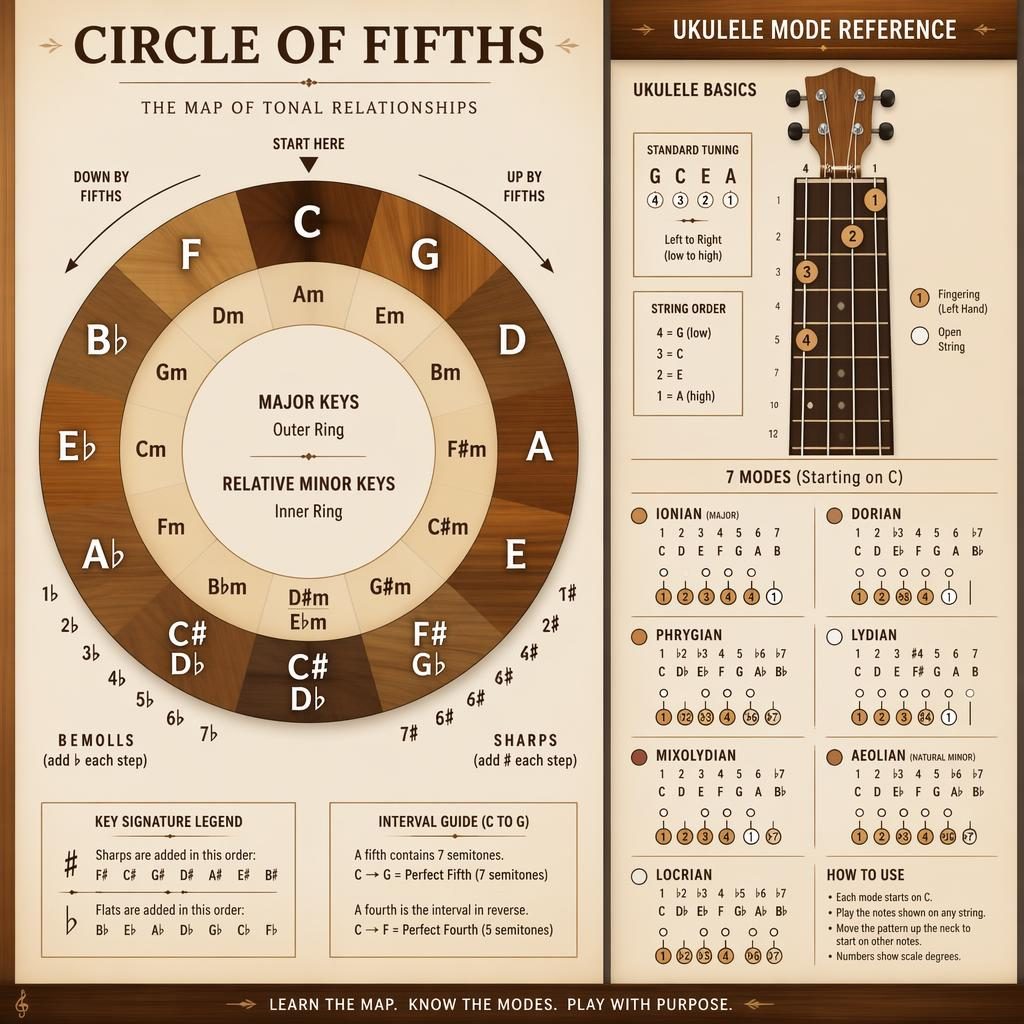 Minimal circle of fifths infographic with 12-key ring, relative minors, interval arrows, and ukulele fretboard panel.
