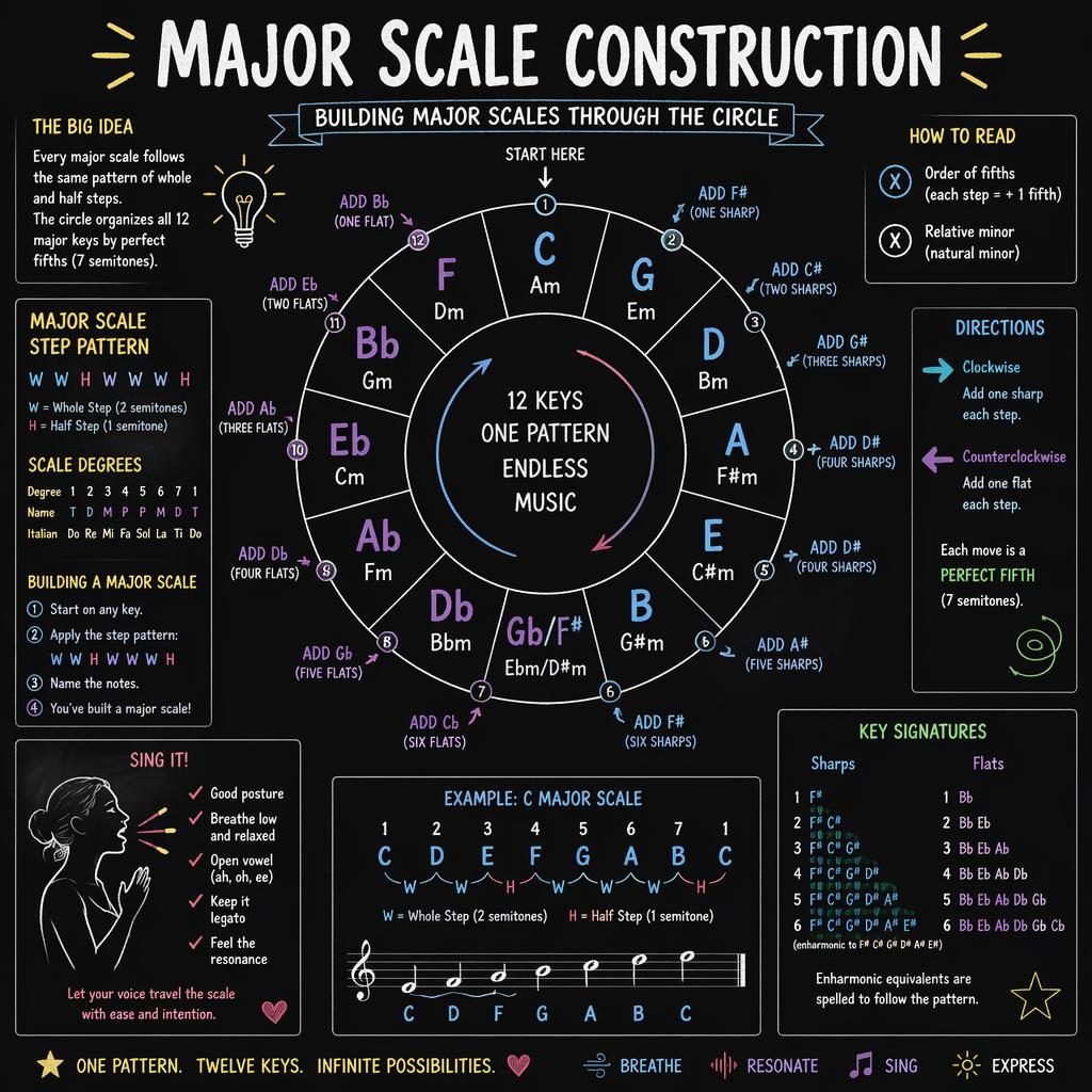 Dunkle Musiktheorie-Infografik mit 12er-Ring, relativen Molltonarten, Intervallen und Gesangssymbolen.