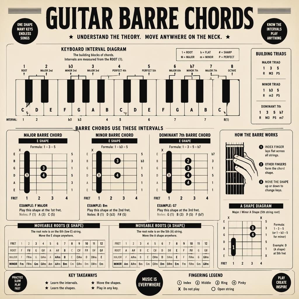 Monochrome retro infographic with piano interval diagram and guitar fretboard mini charts showing barre chord hand positions.
