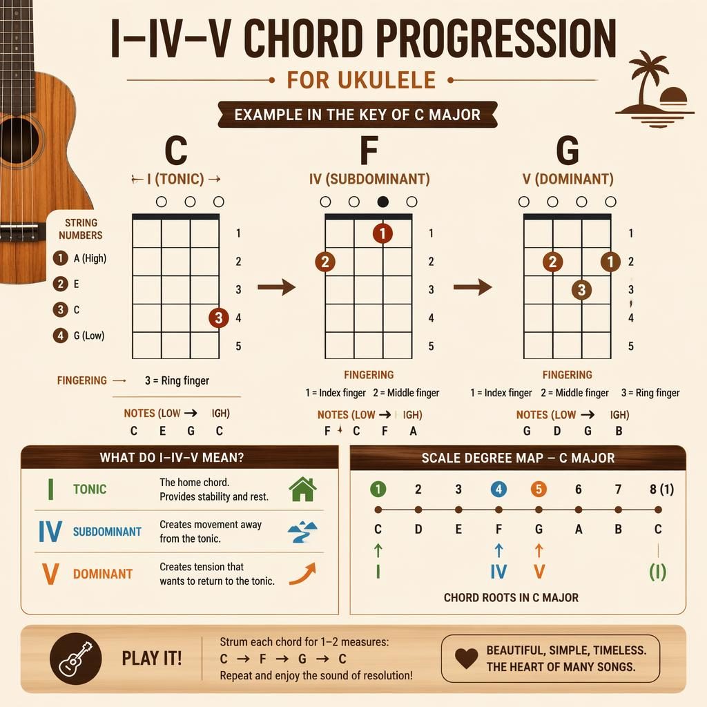 Minimal ukulele chord infographic showing C, F, and G as I–IV–V with 4-string chord boxes, arrows, and interval panel.