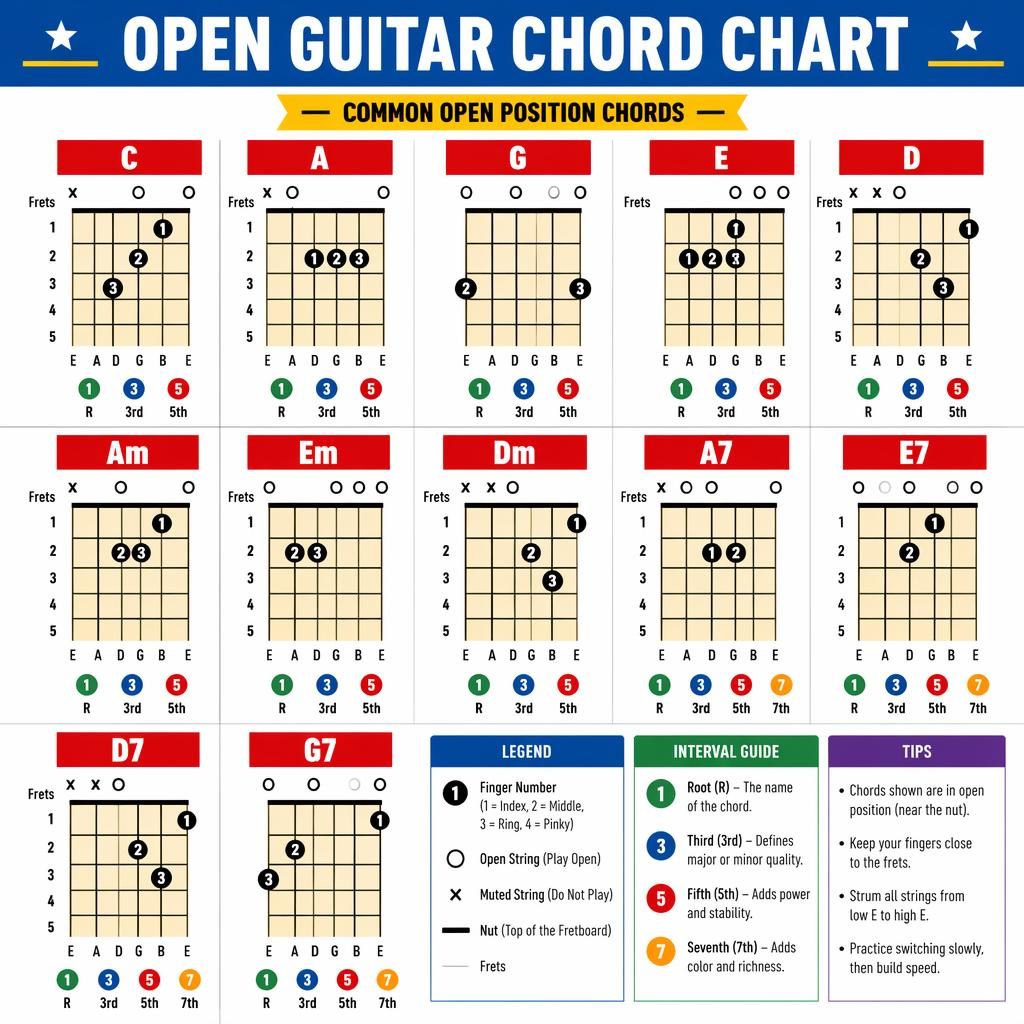 Infographie pédagogique montrant un tableau d’accords de guitare ouverts en grille avec diagrammes de manche nets et repères.
