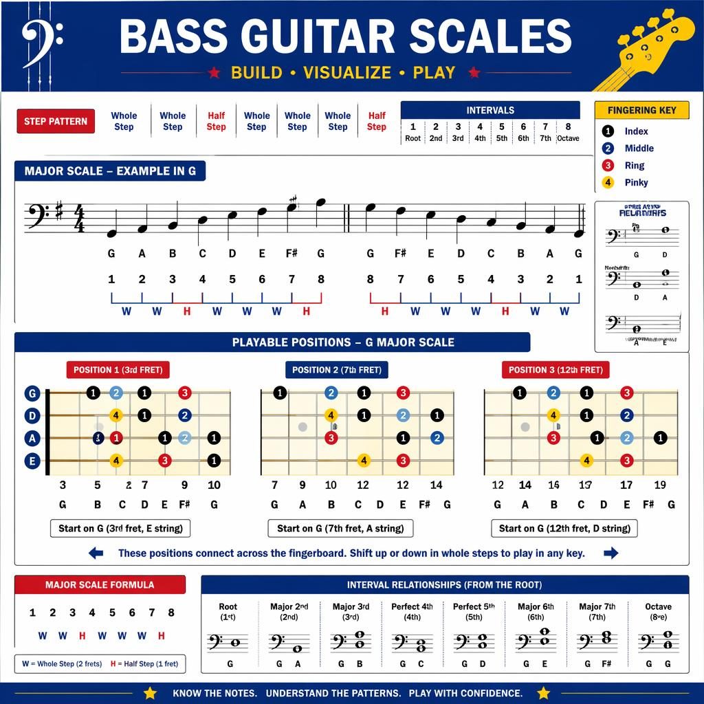 Music theory infographic with bass scale notation on staff and matching fingerboard diagram, highlighting intervals and fifths chords.