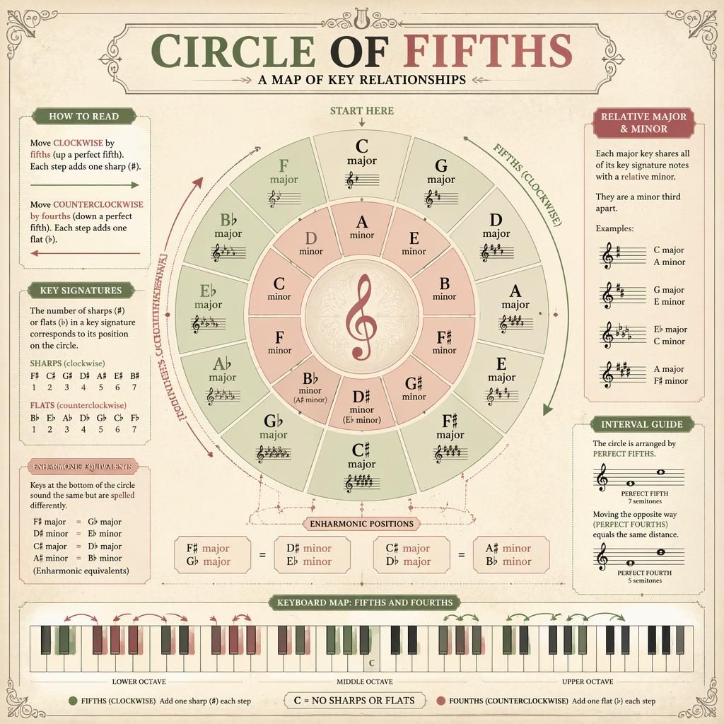 Vintage music theory infographic poster with a 12-key circle, relative minors, keyboard motif, and circle of fourth arrows.