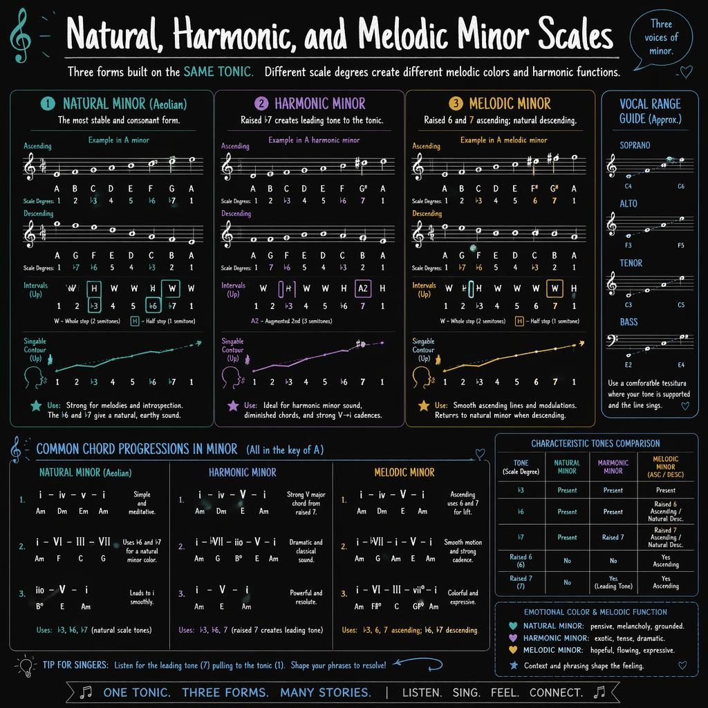 Dark music theory infographic comparing natural, harmonic, and melodic minor scales with staff notation and chord guides.
