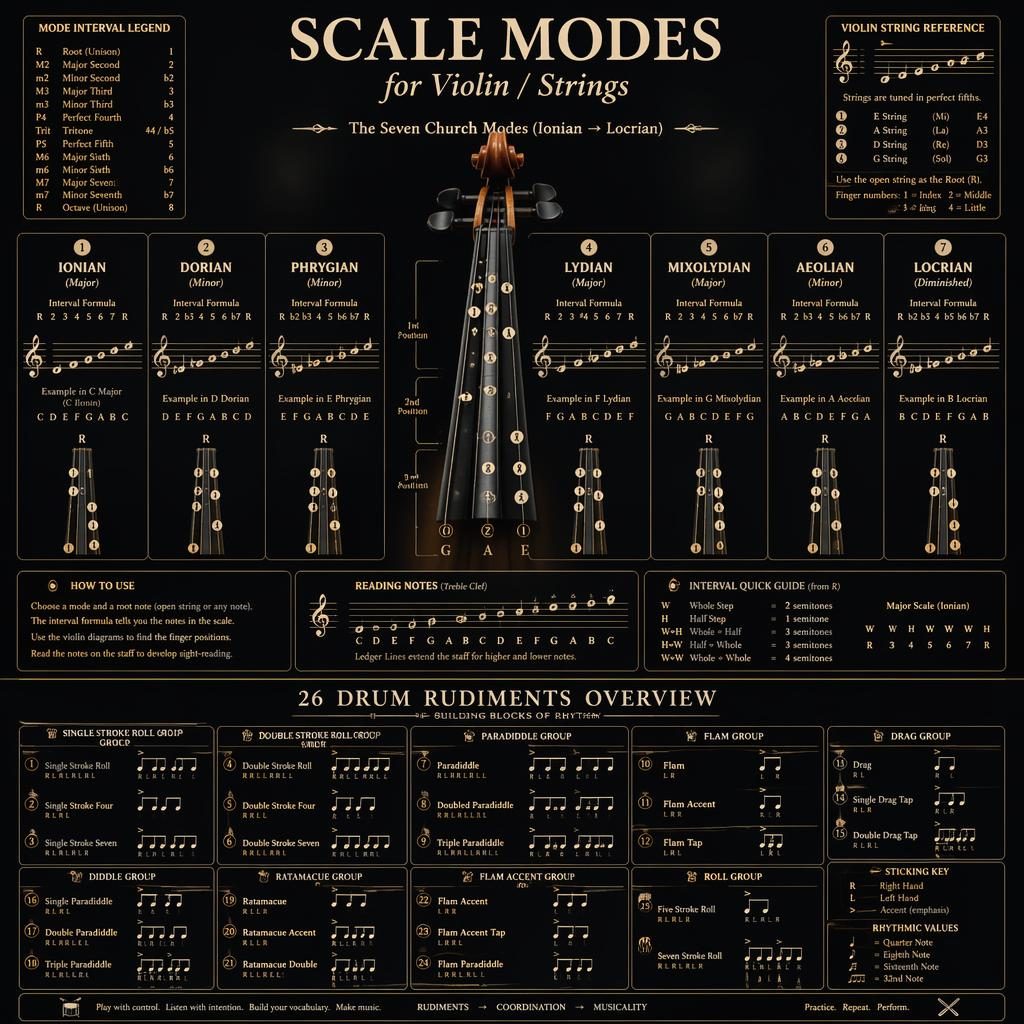 Dark mode music theory infographic with violin modes, fingerboard intervals, treble clef note examples, and 26 drum rudiments.