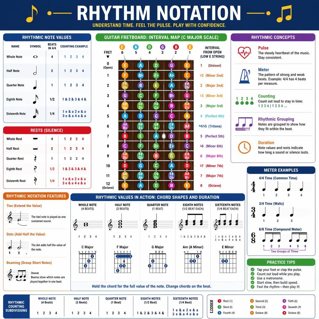 Music theory infographic with a 6-string guitar fretboard, interval labels, finger positions, and rhythm notation examples.