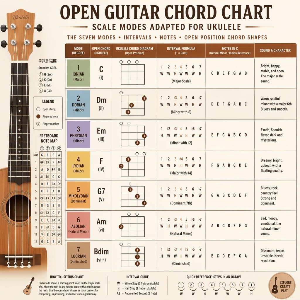 Educational poster with ukulele fretboard diagrams, seven modes, open fingerings, interval formulas, and wood-toned layout.