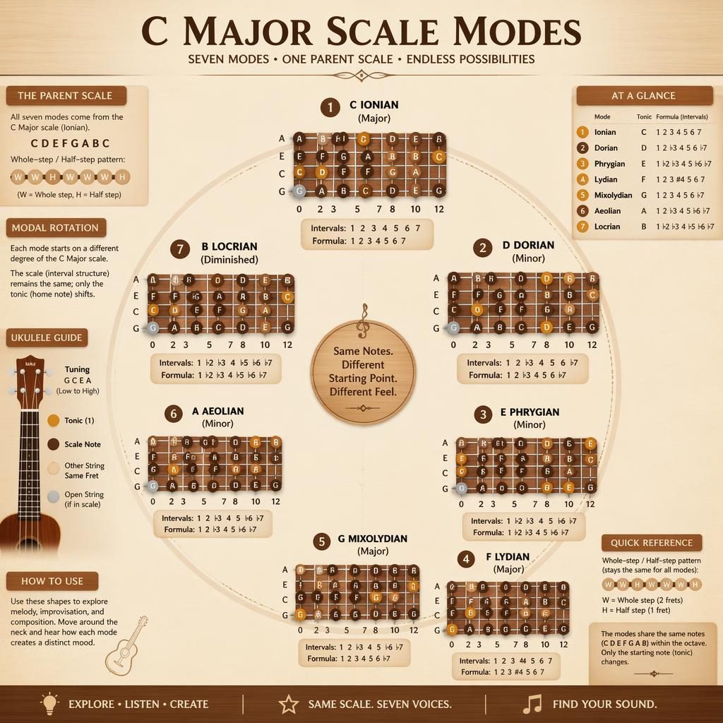 Minimal music theory poster with ukulele fretboard, C major modes, interval labels, and circular layout motif in warm wood tones.