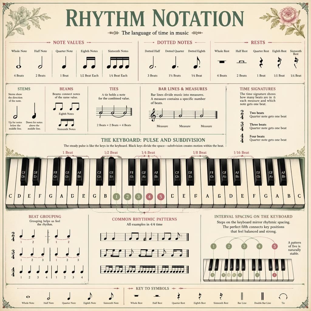 Vintage-style rhythm notation infographic with a piano keyboard, note values, rests, time signatures, and beat grouping visuals.