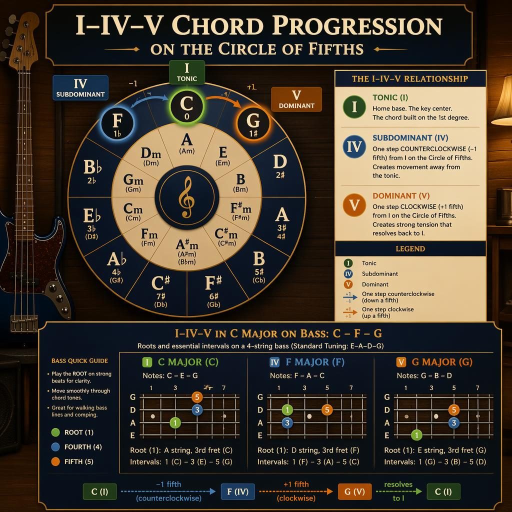 Music theory infographic of the circle of fifths showing I–IV–V, relative minors, and a bass guitar panel in C.