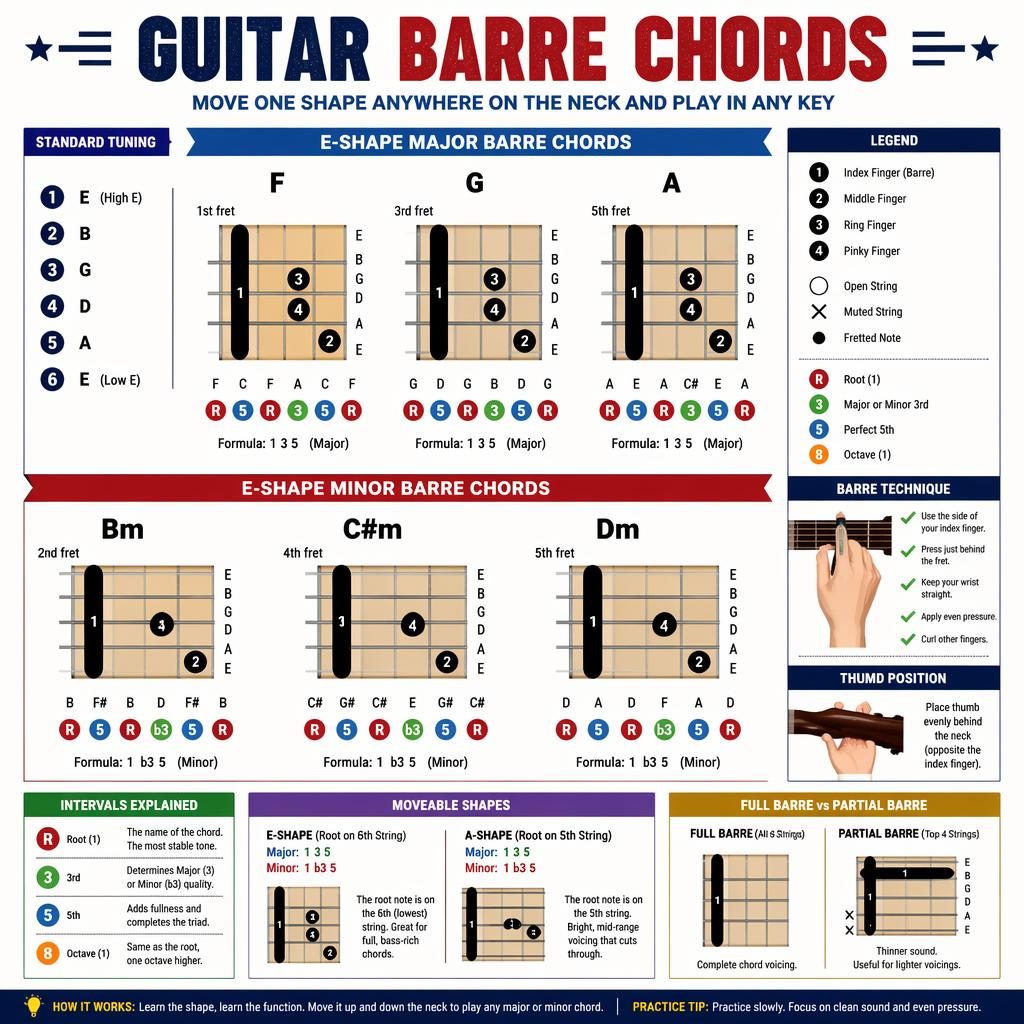 Music theory infographic with guitar barre chord diagrams, hand position guidance, E-shape and A-shape major and minor forms.