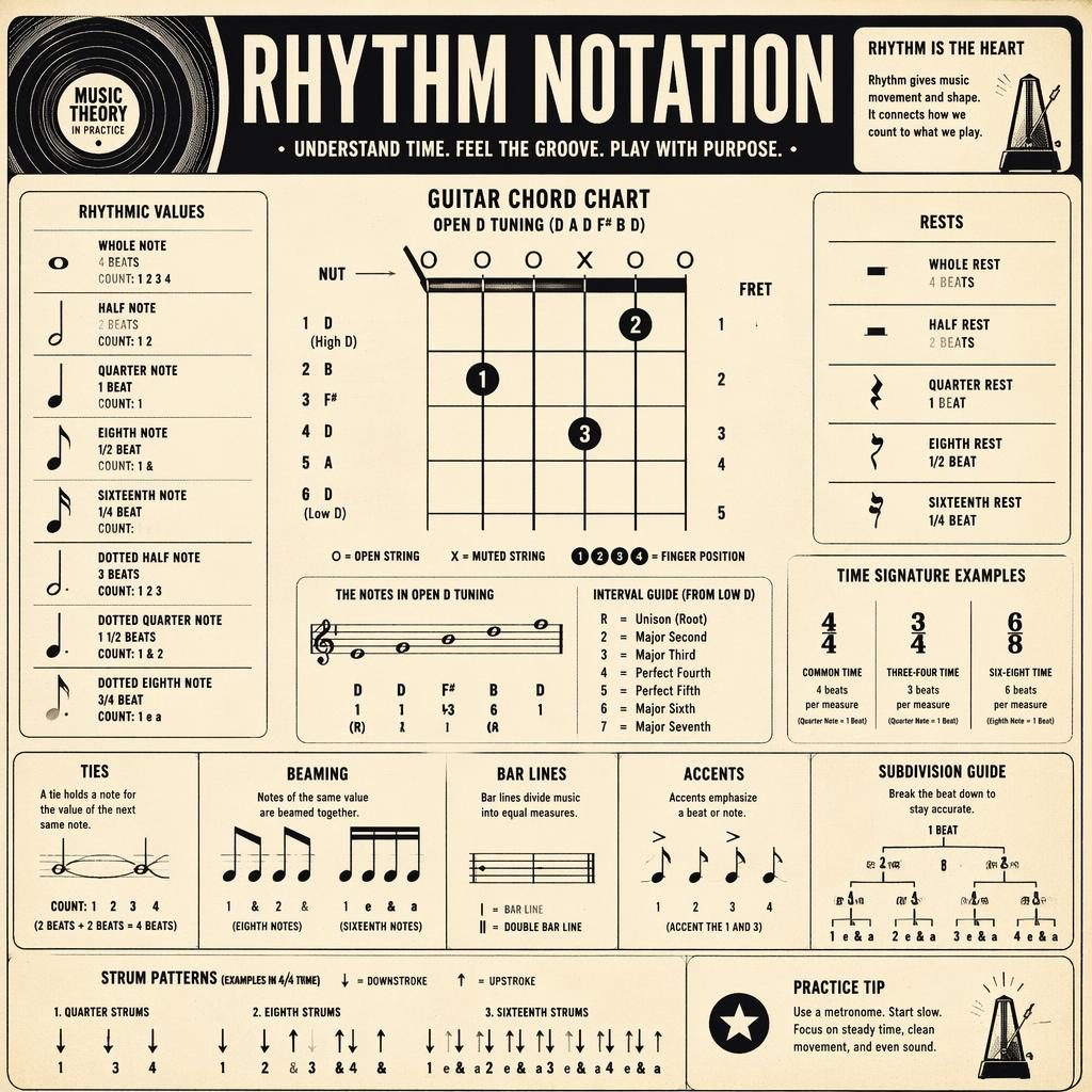 Monochrome retro music poster with guitar fretboard chord chart, open D tuning markers, and rhythm notation symbols