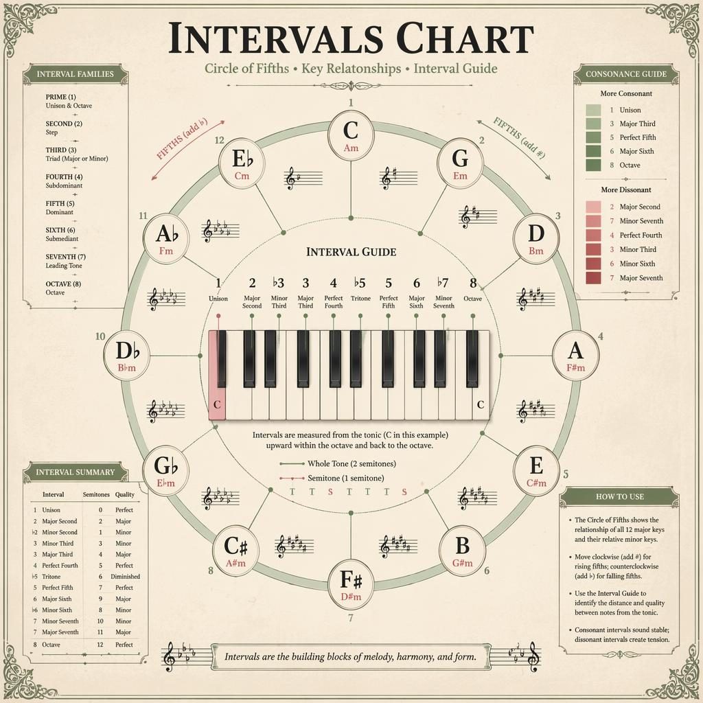 Vintage-style music theory infographic with circle of fifths ring and central piano interval keyboard diagram.