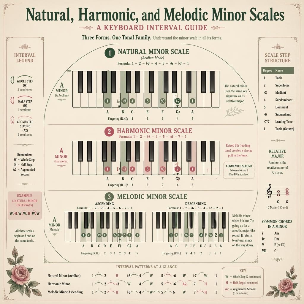 Vintage-style music theory poster showing natural, harmonic, and melodic minor scales on labeled piano keyboards.