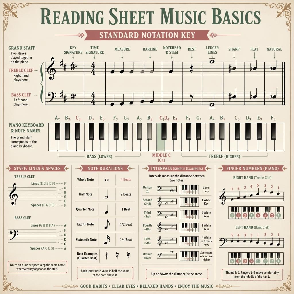 Vintage music theory infographic with grand staff, treble and bass clefs, note values, intervals, and piano keyboard.