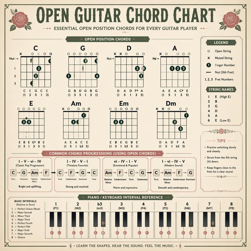 Vintage-style acoustic guitar chord chart showing open chords, finger positions, progression panels, and piano interval guide