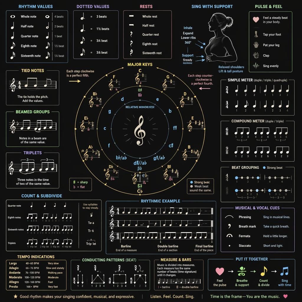 Dark sketchnote music theory infographic with a circle of fifths ring, rhythm note values, rests, meters, staff examples, and singing cues.