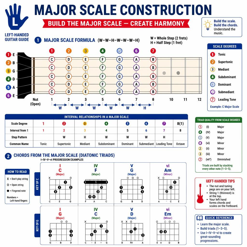 Music theory infographic poster with left-handed mirrored guitar fretboard, major scale formula, and chord charts for C F G Am.