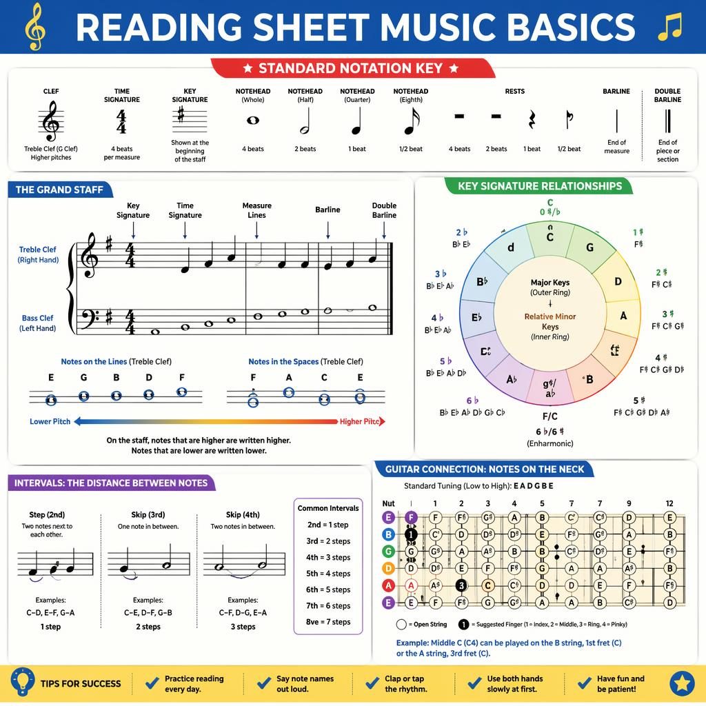 Music theory infographic poster showing grand staff notation basics, treble clef, rests, intervals, guitar fretboard map, and key of 5ths ring.