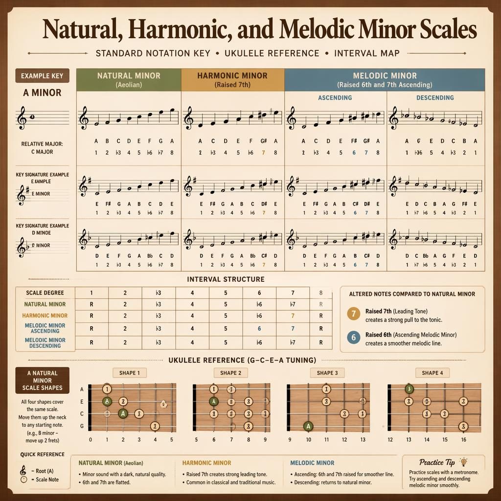 Music theory infographic with grand staff notation comparing natural, harmonic, and melodic minor scales with ukulele fingering.