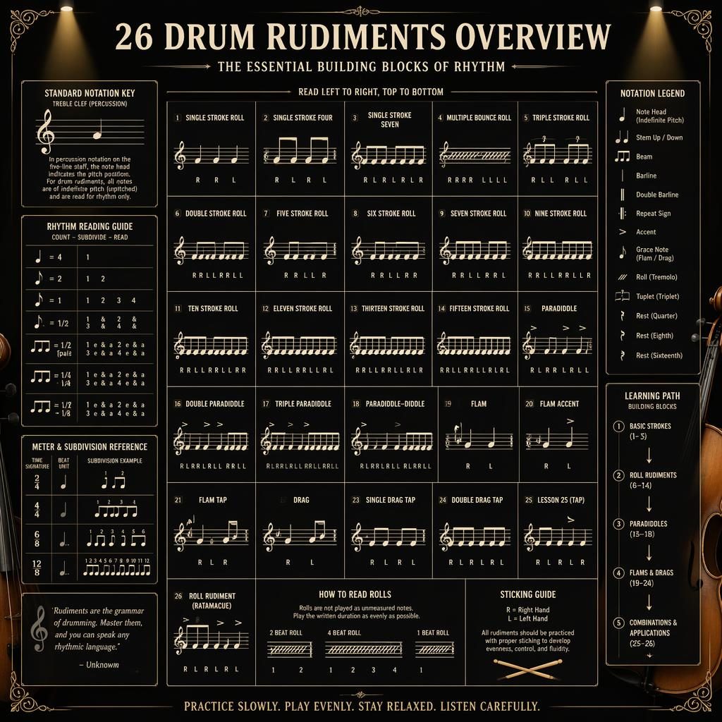 Dark mode music infographic with 26 drum rudiments in staff notation, treble clef key, rhythm guide, and symbol legend.