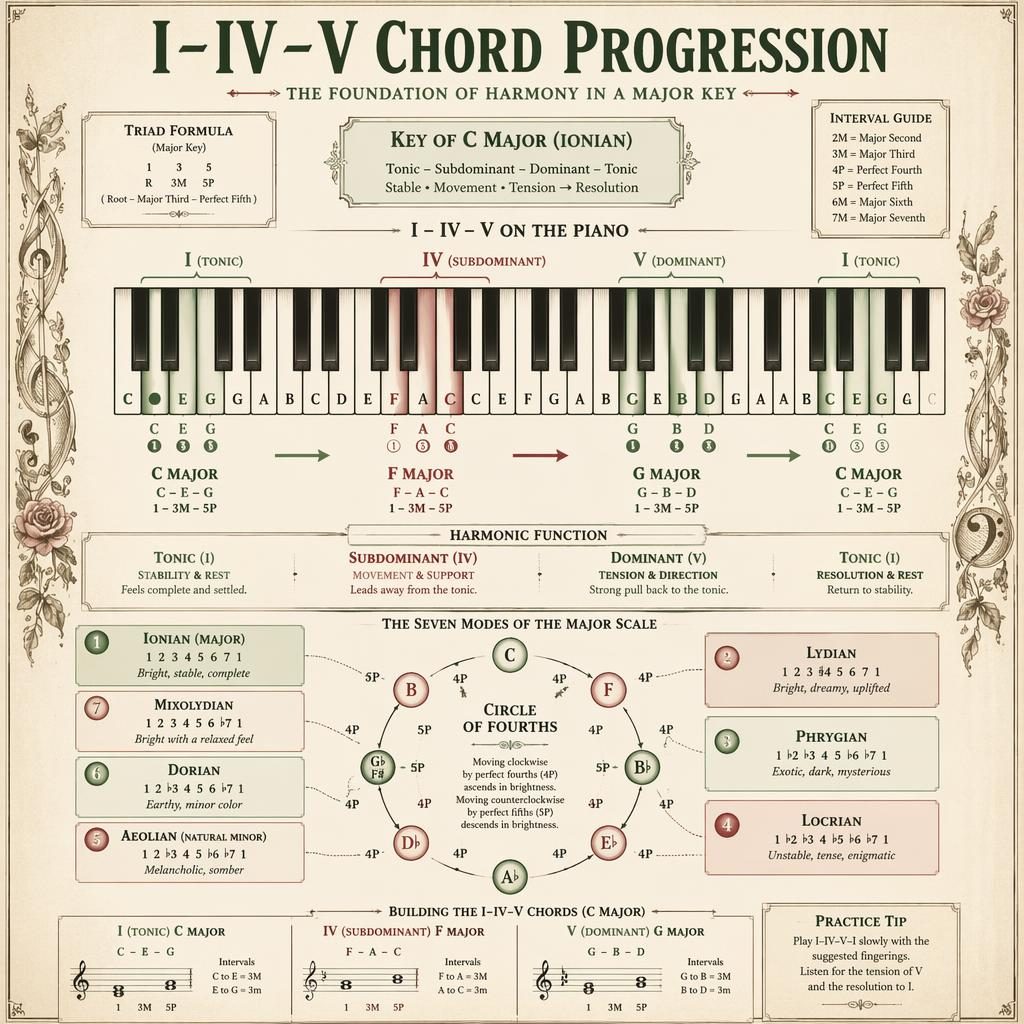 Póster infográfico vintage con teclado central, acordes I–IV–V, modos y flujo armónico circular en tonos salvia y rosa.
