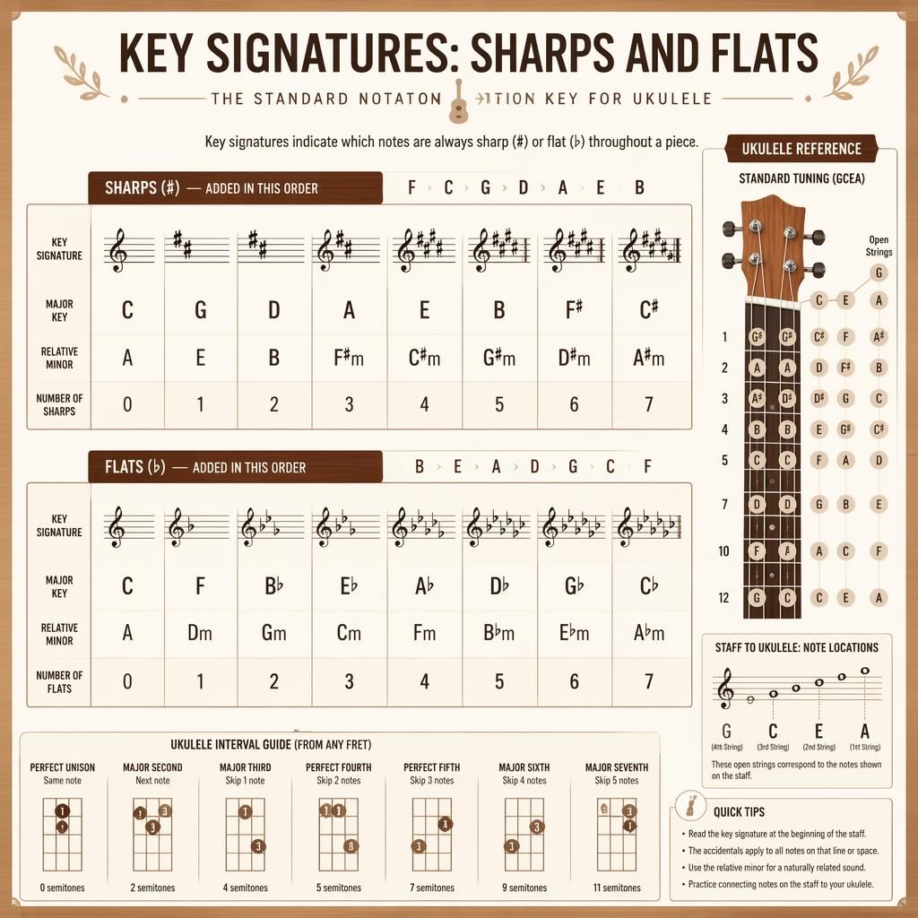 Minimal music theory infographic with grand staff, treble clef, sharp and flat key signatures, and small ukulele inset.