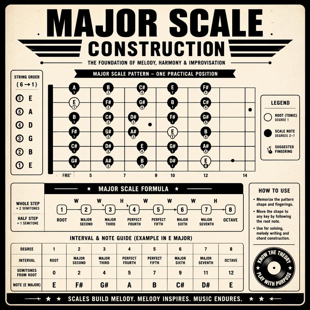 Monochromatická retro infografika s hmatníkem 6strunné kytary, prstoklady durové stupnice, intervaly 1–7 a oktávou.