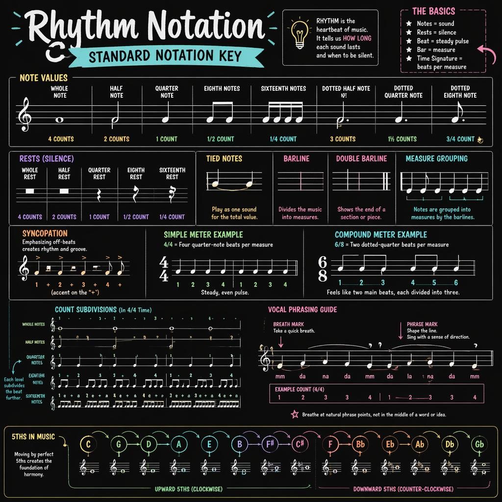 Dark mode sketchnote music theory poster showing rhythm notation on treble staff and a subtle 5ths in music diagram.
