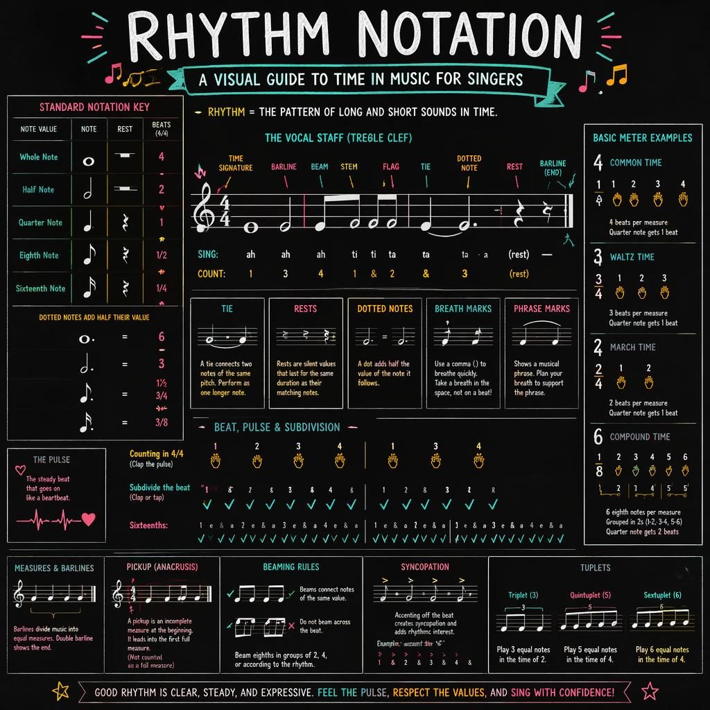 Dark mode sketchnote infographic showing vocal staff rhythm notation, rests, meters, tuplets, beat counts, and singer cues.