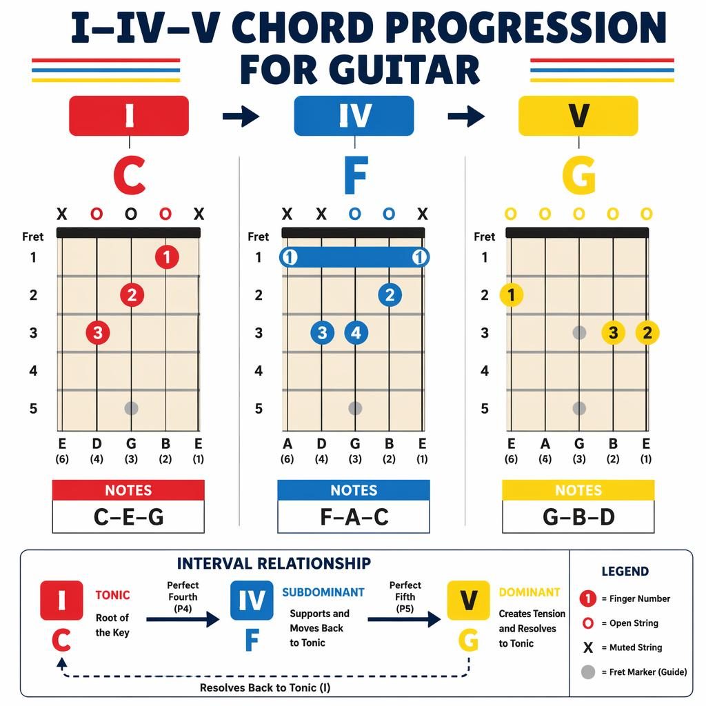 Clean guitar chord chart infographic with C, F, and G fretboard diagrams, I–IV–V flow, note spellings, and interval panel.