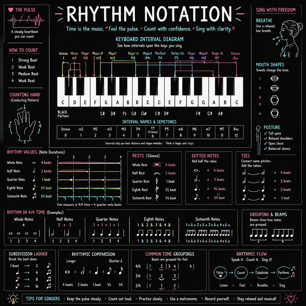Dark-mode sketchnote infographic with piano keyboard diagram, rhythm notation examples, interval arrows, and singing cues.