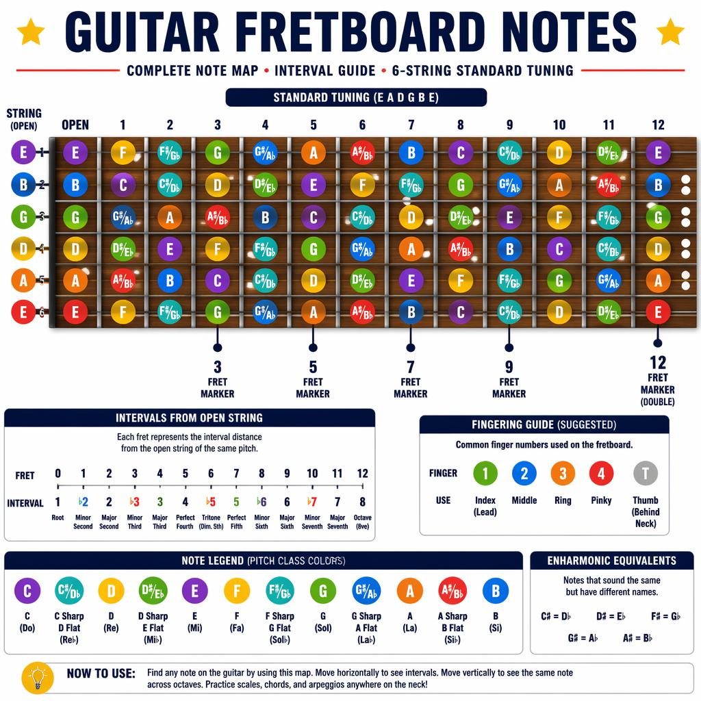 Colorful guitar fretboard notes infographic showing 6 strings, E A D G B E tuning, open to 12th fret, markers and legend.