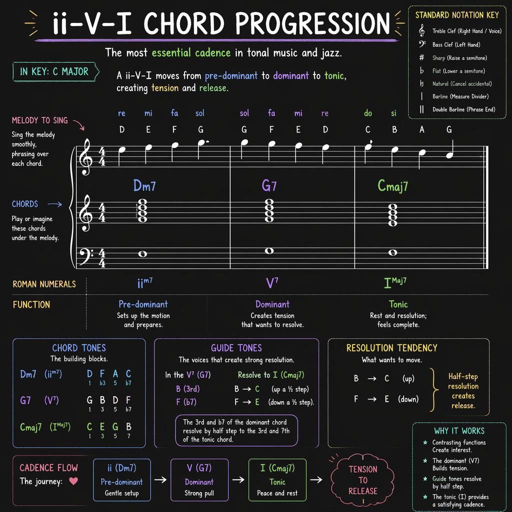 Dark-mode sketchnote music theory poster showing ii–V–I chord progression in C major on grand staff with melody notes.