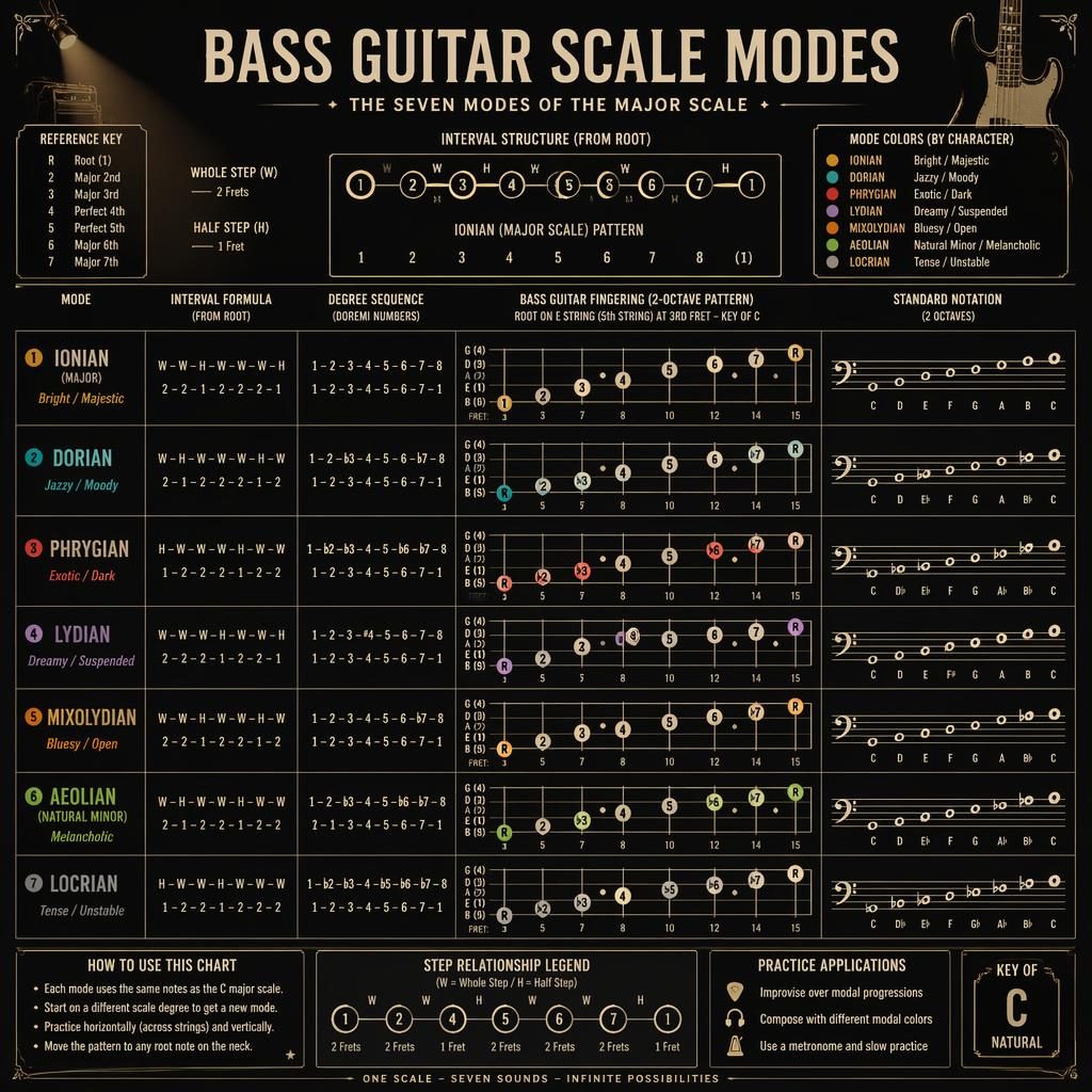 Dark stage-style bass guitar scale modes infographic with seven modes, fingerboard diagrams, interval markers, and notation.