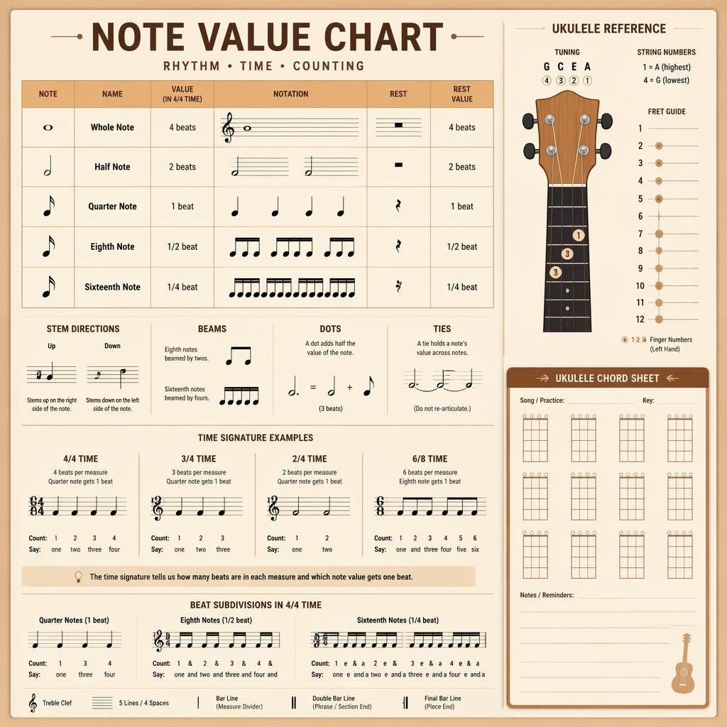 Minimal music theory infographic showing note values, rests, time signatures, staff examples, ukulele reference, and blank chord sheet panel.