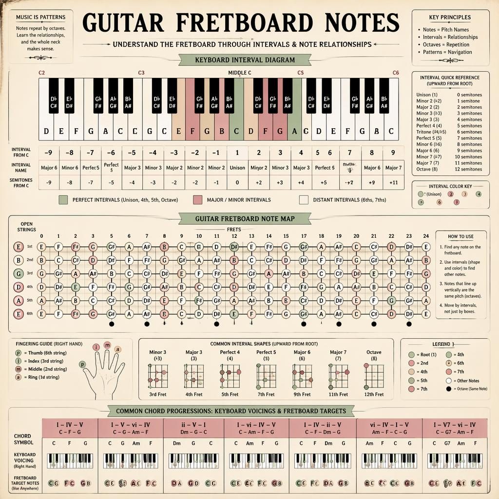 Vintage-style music theory infographic with keyboard intervals, guitar fretboard note map, chord targets, and arrows.
