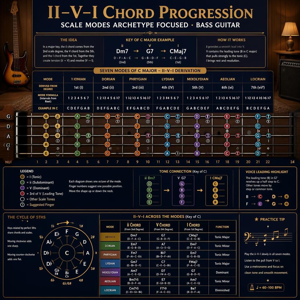 Music theory infographic with 4-string bass fretboard, seven modes, interval formulas, and ii–V–I chord mapping in navy and gold.
