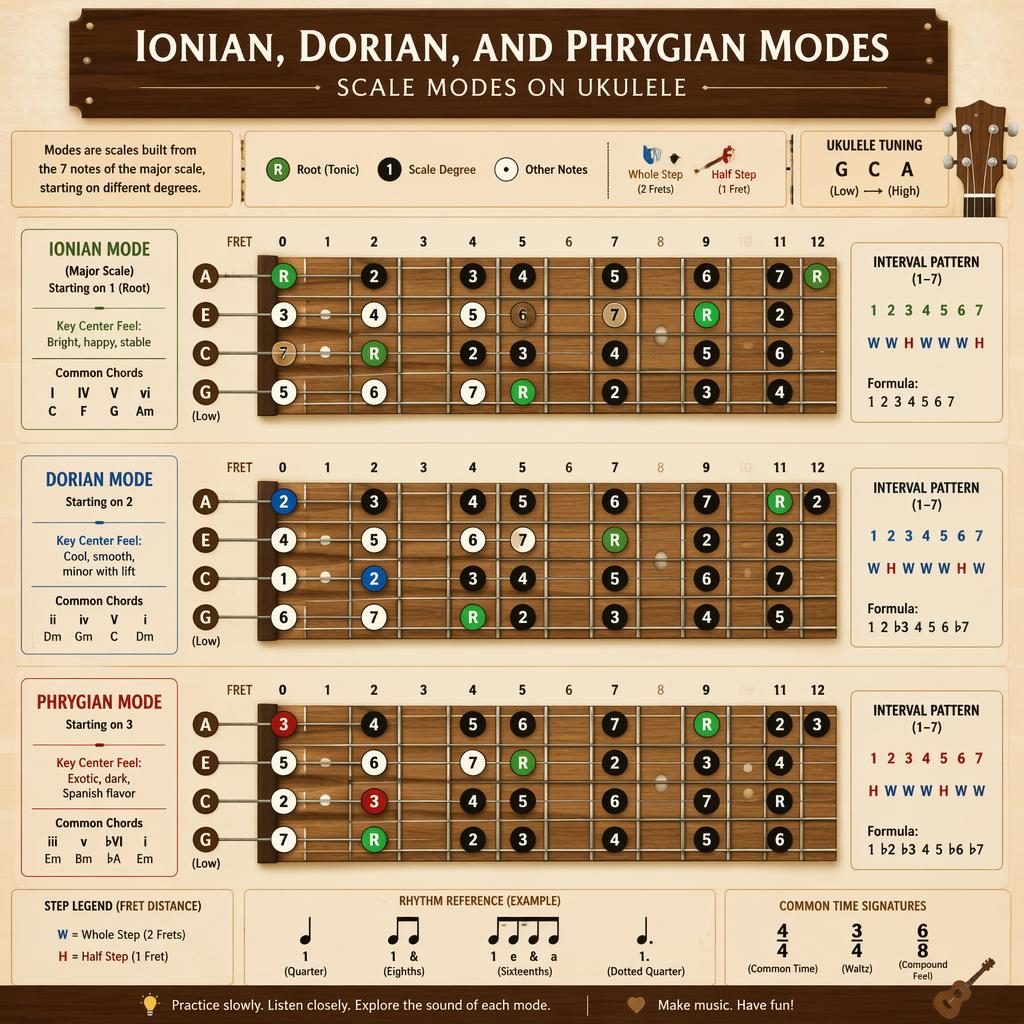 Educational poster with three ukulele fretboard diagrams for Ionian, Dorian, and Phrygian modes, intervals and roots marked.
