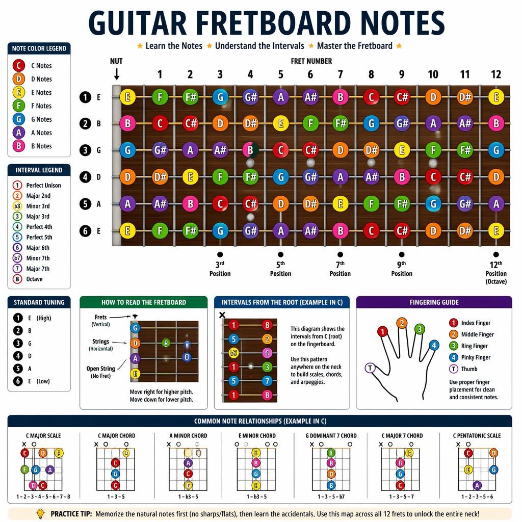 Educational guitar fretboard infographic with six strings, labeled frets, color-coded notes, interval markers, and finger positions.
