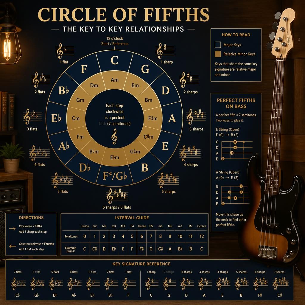 Musiktheorie-Infografik zum Quintenzirkel mit 12er-Ring, Dur- und Mollbezügen sowie Bassgitarre im warmen Holzraum