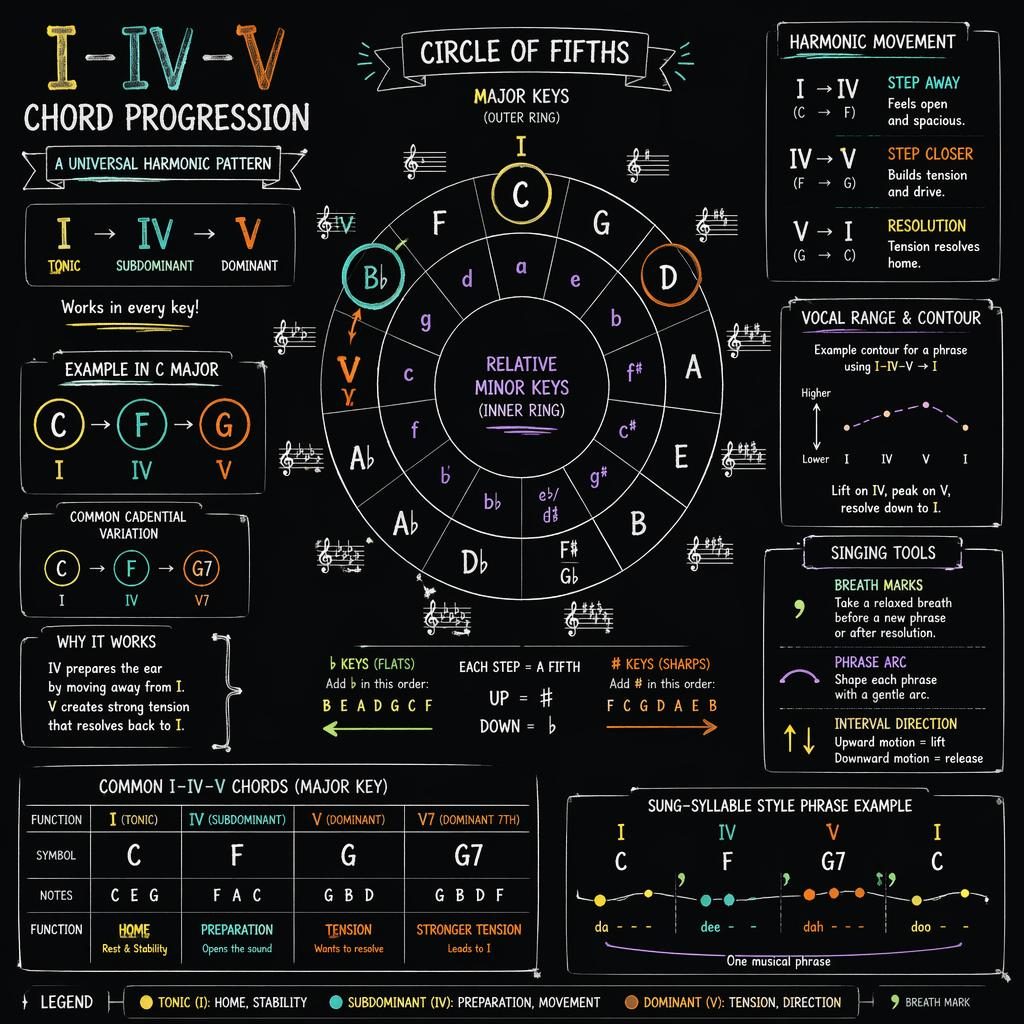 Dark music theory infographic with a 12-key circle of fifths, relative minors, and highlighted I–IV–V example C–F–G.