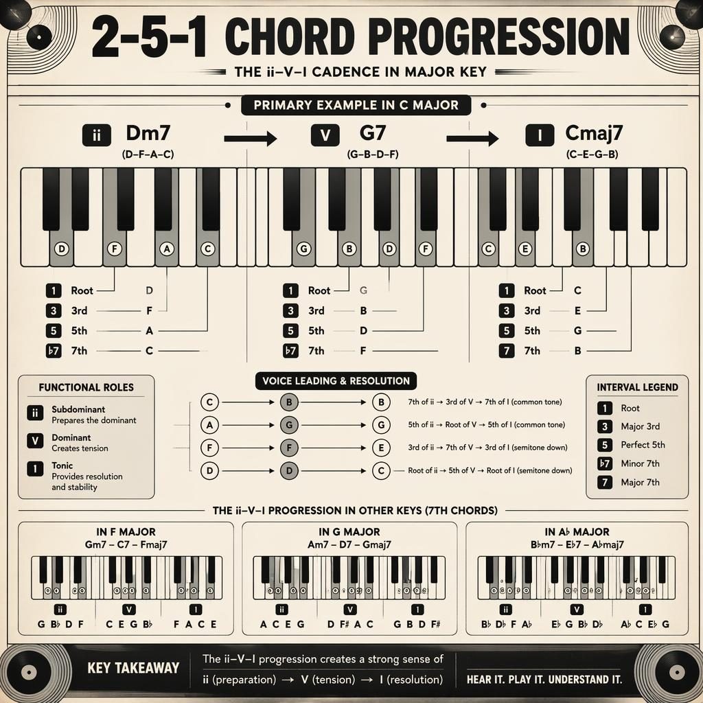 Retro monochrome music theory infographic showing a piano keyboard diagram for Dm7–G7–Cmaj7 with intervals and arrows