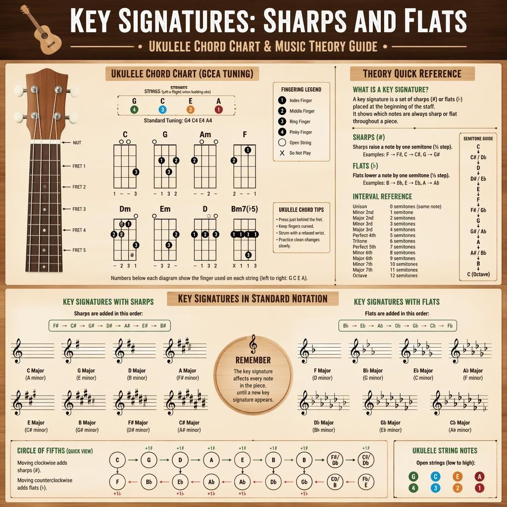 Music theory infographic with ukulele 4-string fretboard chart and treble clef panel showing sharp and flat key signatures.
